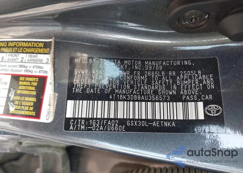 2010 Toyota Avalon Xl из США, поврежденный, VIN 4T1BK3DB8AU356573